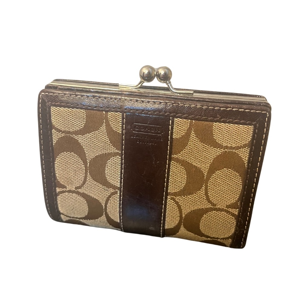Coach Signature Canvas Kiss Lock Brown Wallet - Picture 3 of 14